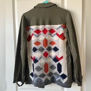Anthropologie Olive Utility Jacket with Colorful Geometric Pattern